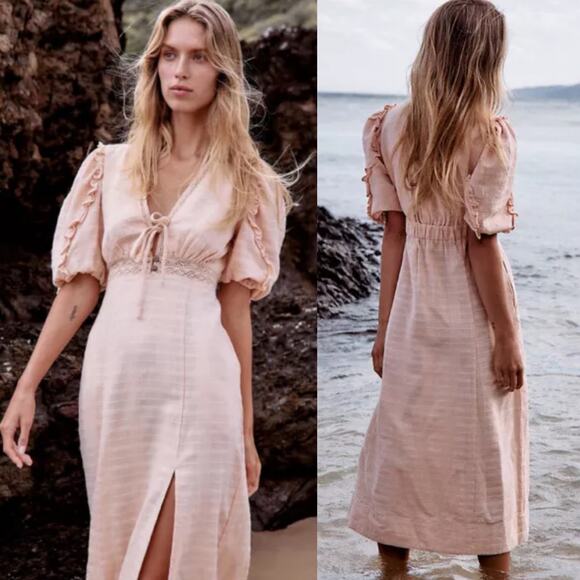 Free People Dresses & Skirts - Free People Slow Pace Romantic Dress Tie V Neck Puff Sleeve Midi Peach Womens XS